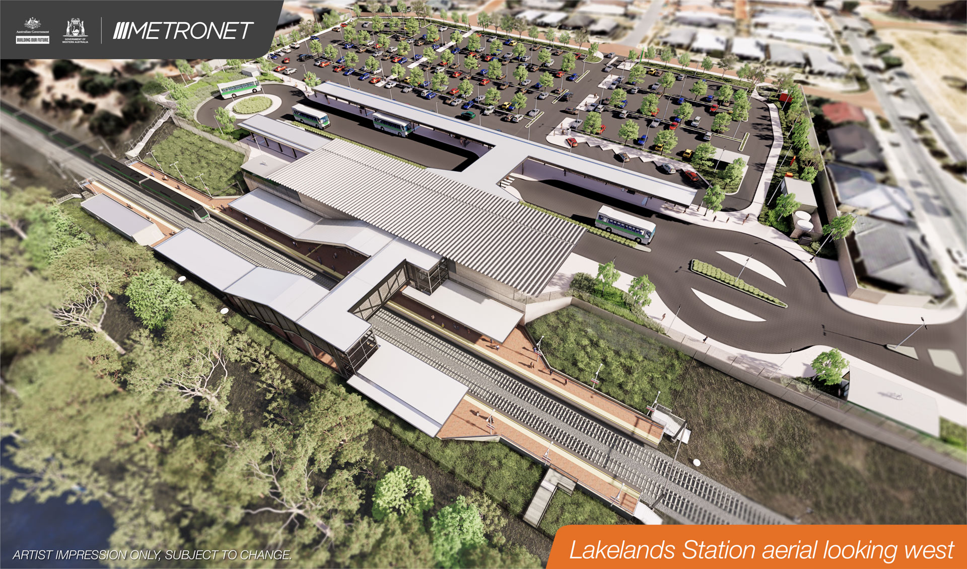 Artist Impression of Lakelands Station from an aerial view looking west